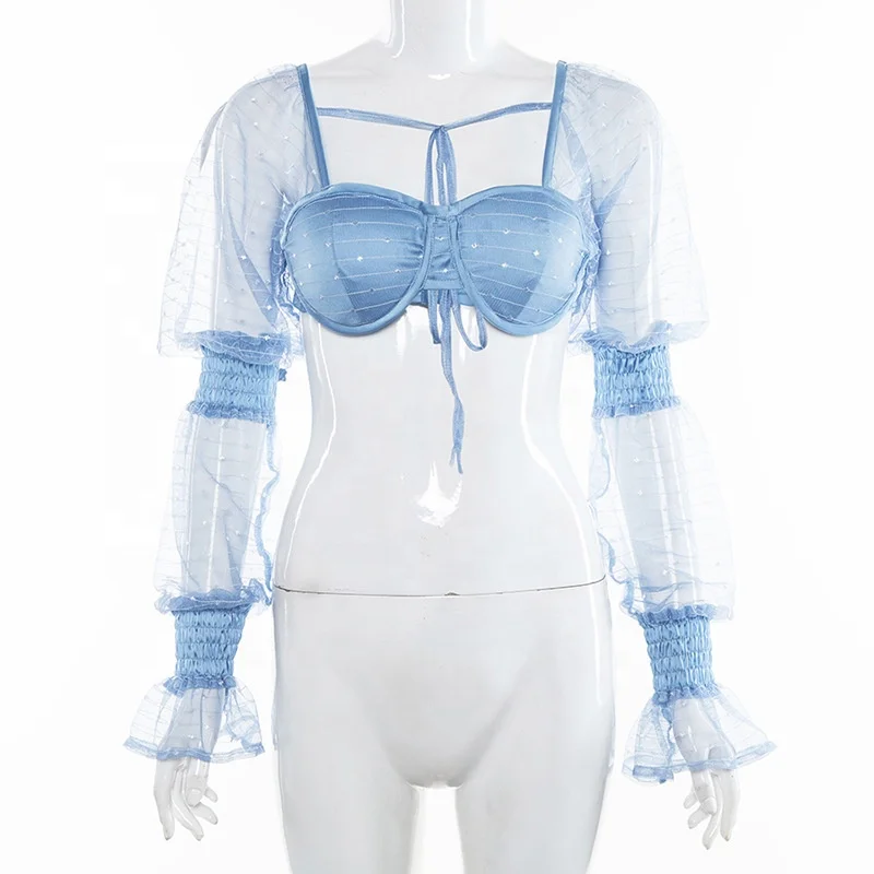 

B23531A Summer Sexy Women Perspective Gauze short T-shirt