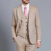 

Men's Beige Linen Tailored Fit Italian Suits Set For Men 3 Pcs Blazer Trousers Vest Slim Fit Suits For Men