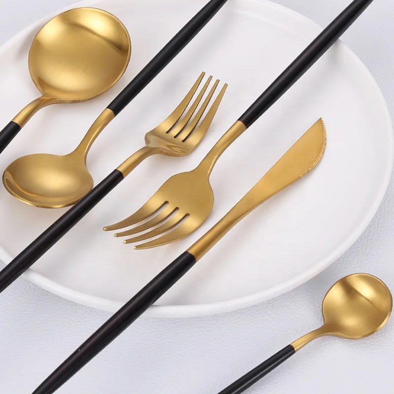 

Elegant Bulk Stainless Steel Thin Handle Knives Forks Spoon Set Portable Travel Stainless Steel Luxury Black And Gold Cutlery