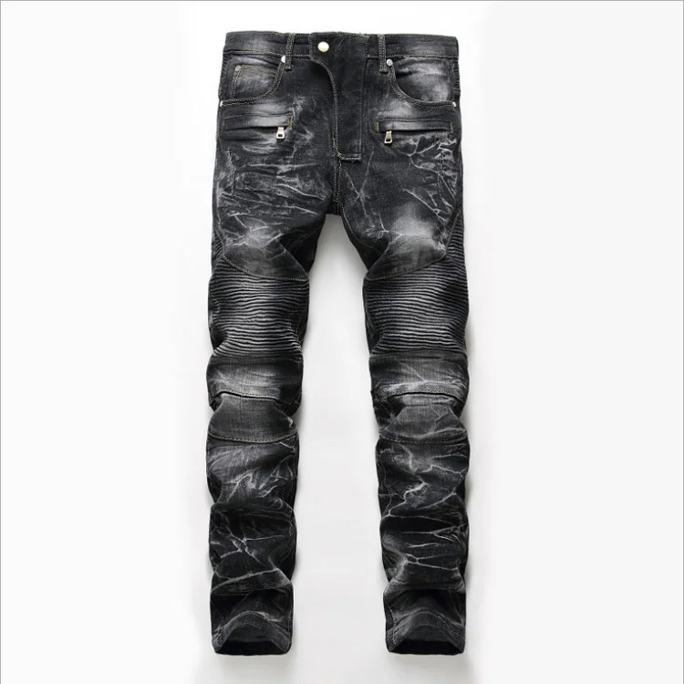 

High Quality Zipper Mens Ripped Biker Jeans Cotton Black Slim Fit Male Motorcycle Pants Men Vintage Distressed Denim Trousers, Picture color