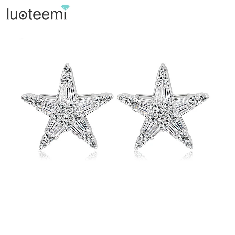 LUOTEEMI Wholesale New Fashion Exquisite Design Luxury Rhodium CZ Crystal Star Women Charm Stud Earrings