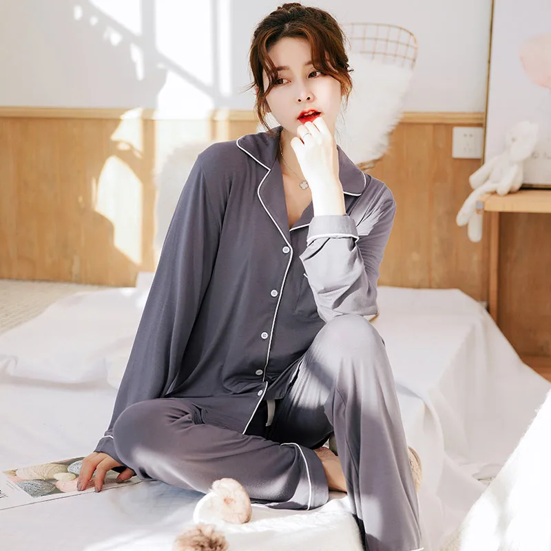 

EXAMPLES wholesale Christmas Korean silk style Womens luxury solid color Sleepwear viscose bamboo cotton Pajamas, Customized color