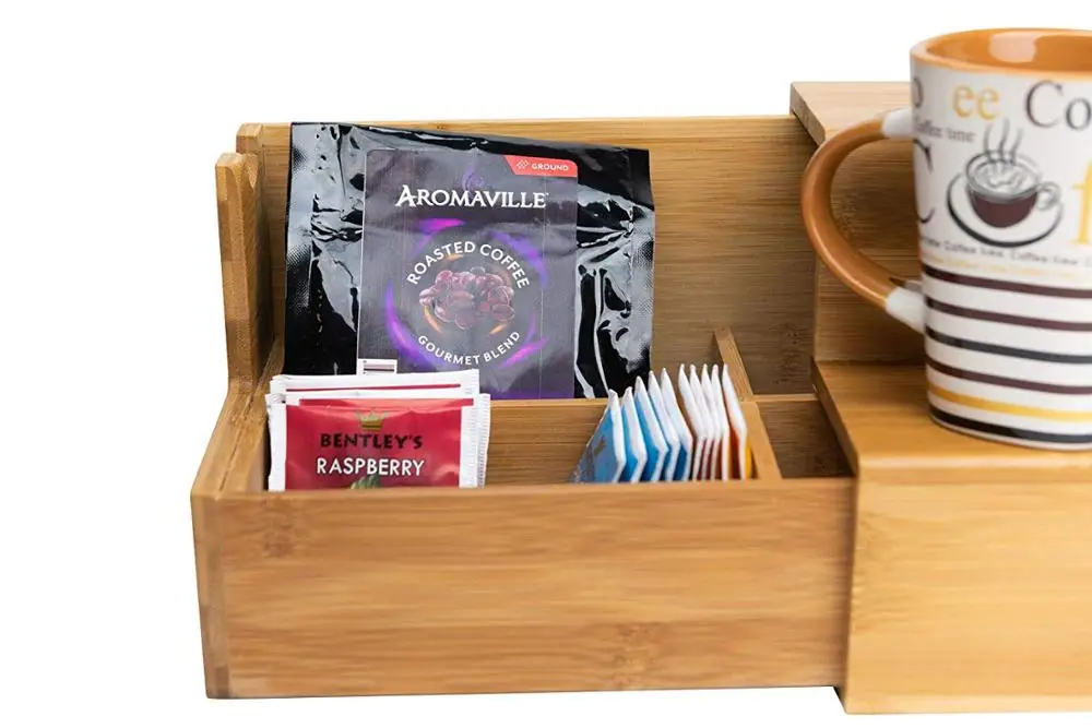 Counter Table Bamboo Coffee Tea Organizer With Slide Drawer Sugar Bag