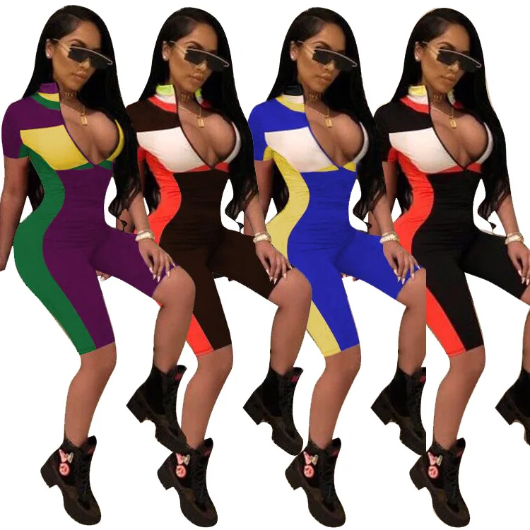 

Zippper Front Open stretch printed patchwork Short trousers Sports Playsuit Women Clubwear Party Bodycon Jumpsuits 2018 New, Picture