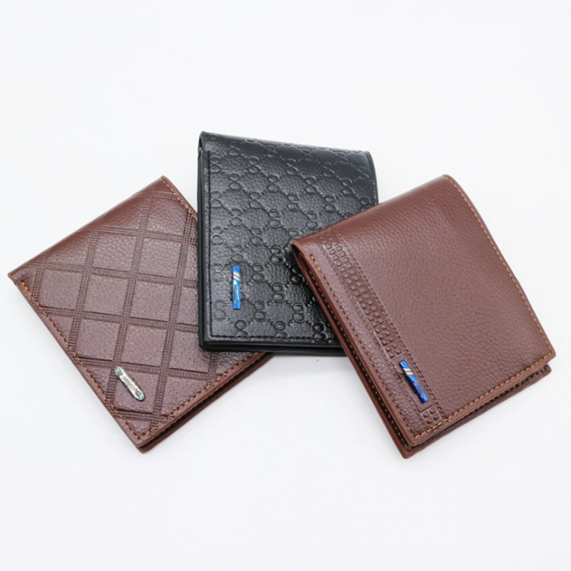 

Fashion Business Wholesale Cheap Soft Multifarious Design Custom Metal LOGO synthetic leather PU leather Men Short Wallet, Black / coffee / brown / customized