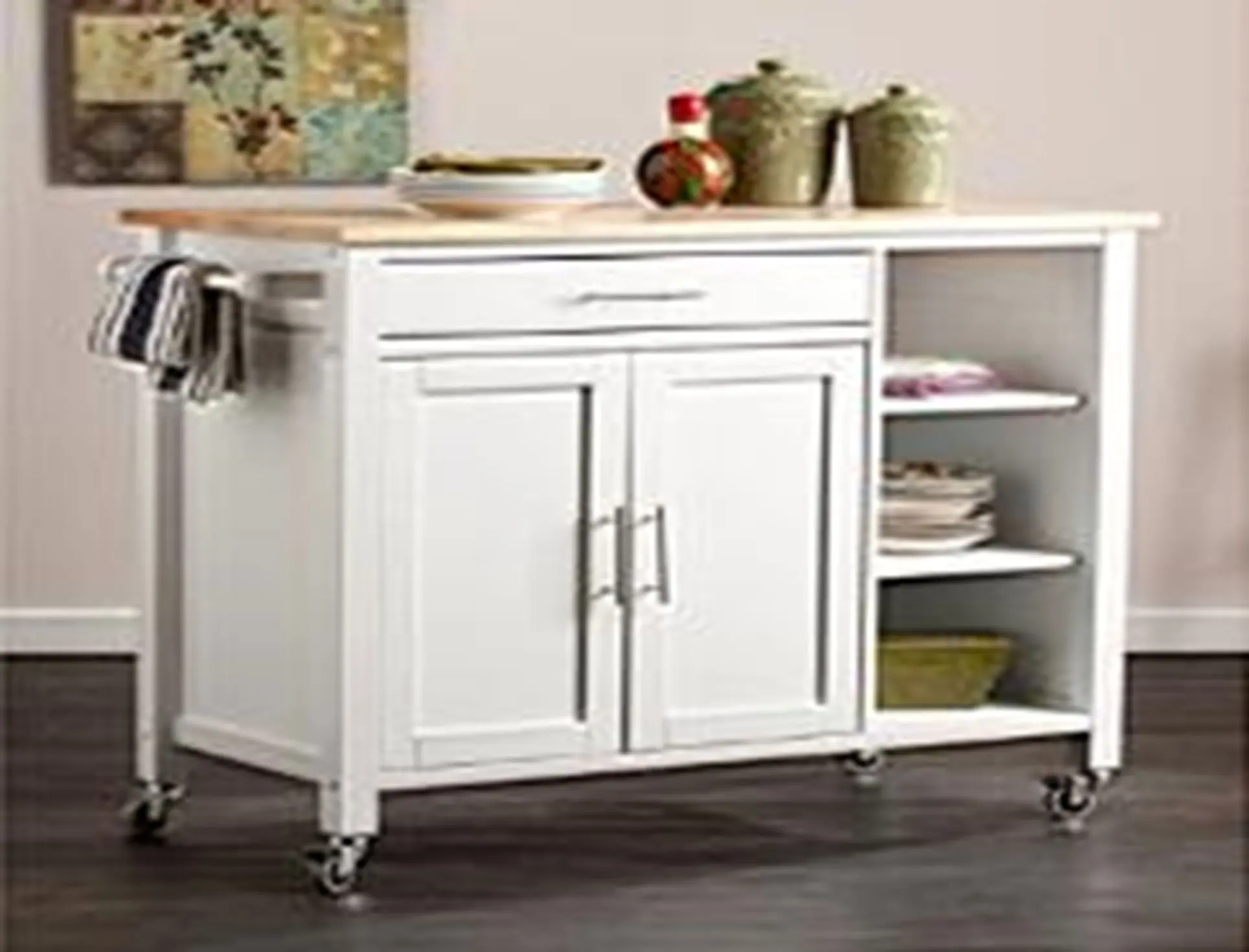 Oliver and Smith - Nashville Collection - Large Mobile Kitchen Island Cart on Wheels - White - Natural Butcher Block Top - 41" W x 19" L x 36" H 102096-01white
