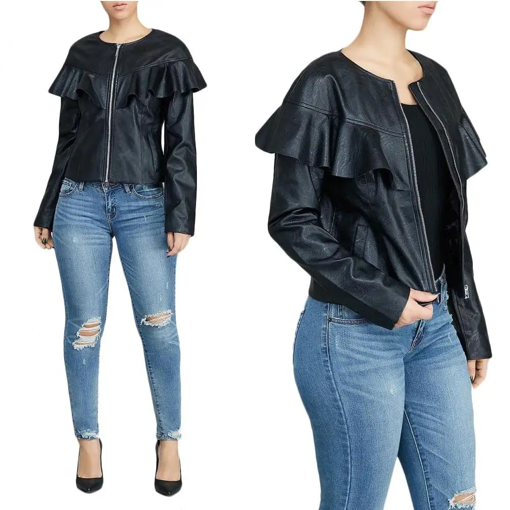 

9031919 women fashion casual solid leather ruffles jacket, N/a