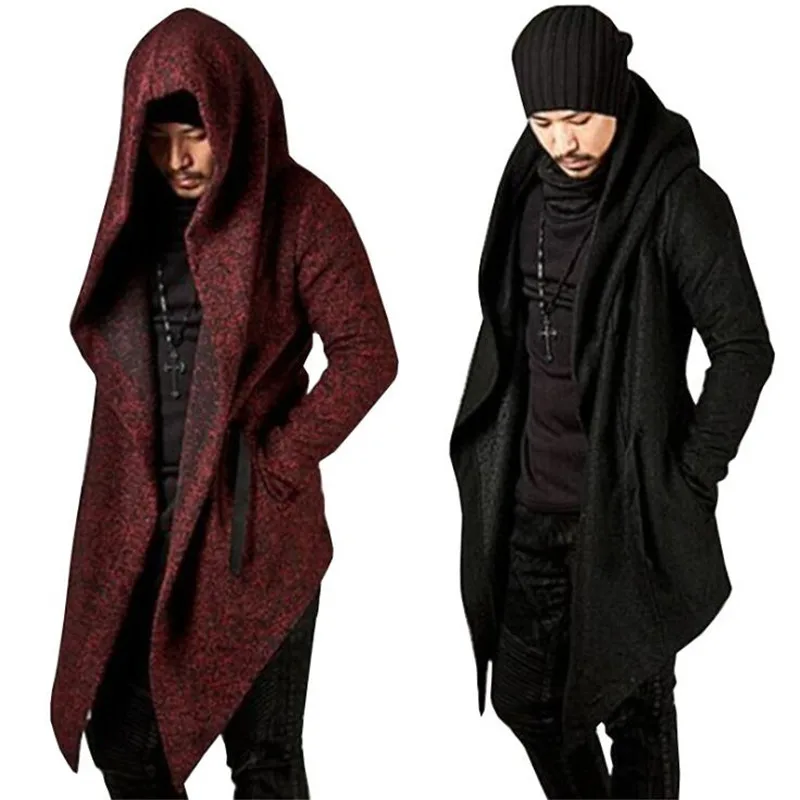 

Goths bandage trench male autumn black outerwear novelty punk cloak long-sleeve Solid color men's hooded irregular hem jacket, Red;black