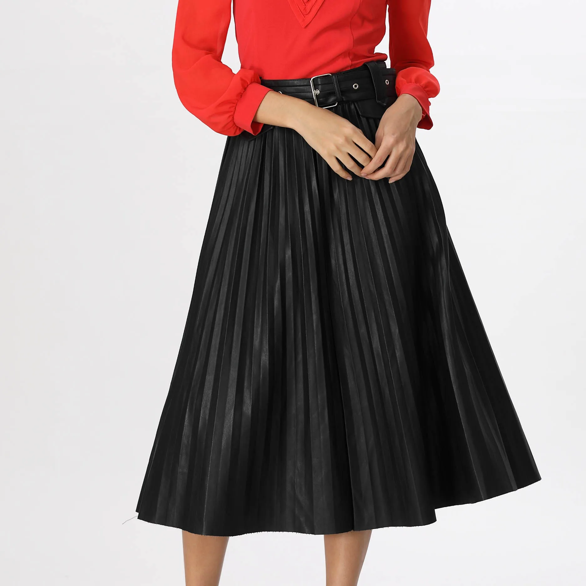 

Women High Waist Belted Black Quality Faux Leather Pleated Midi Skirt, Shown,or customized color,provide color swatches