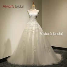 Vivian de Noiva Real Photo A Linha de Colher Neck Lace Up Trem Da Varredura Do Vestido de Casamento 2016 Com Frisada Vestidos de Casamento mariage SA006