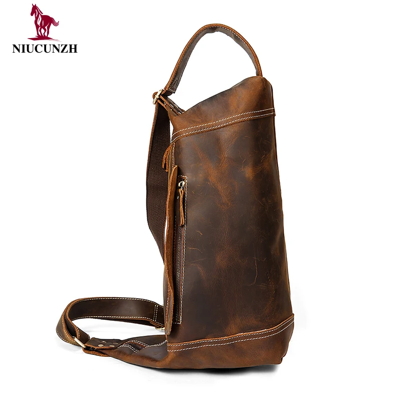 

Online 2020 Crazy Horse Leather Retro Men's Chest Bag Trend Leather Men's Shoulder Messenger Bag High Quality, Coffee