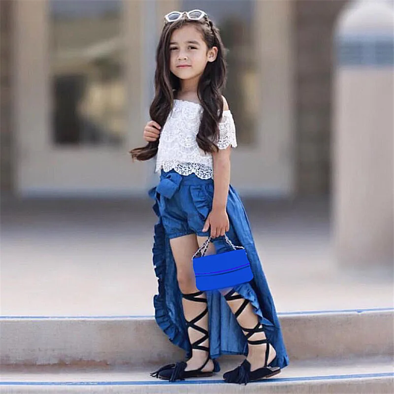 

Wholesale 3pcs Children Girls Dress Set Girls Clothing Elegant Kids Clothes Set Lace Off Shoulder Tops Jeans Dress Pants Set, Picture