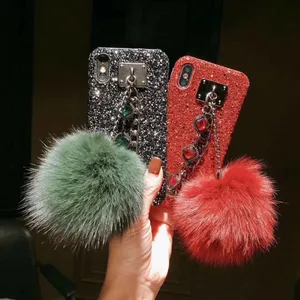 Glitter Bling Bling Phone Case with Fur Ball for iPhone X Max 7 8 Plus , for iPhone Xr Case with Metal Chain