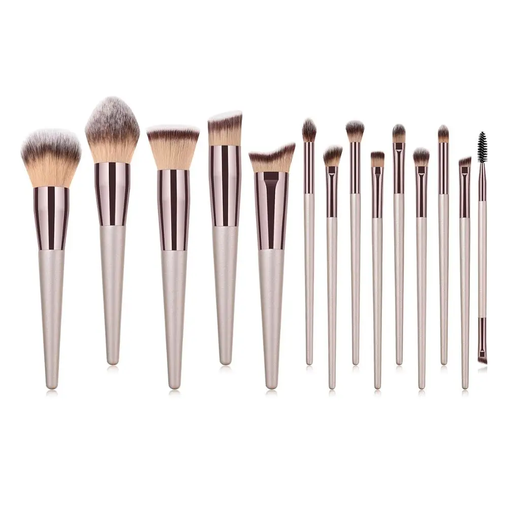 

Custom 14 pcs Cosmetic Kit Champagne Gold Premium Synthetic Kabuki Tapered Handle Blending Face Eyeshadow Makeup Brushes Set, Champagne color