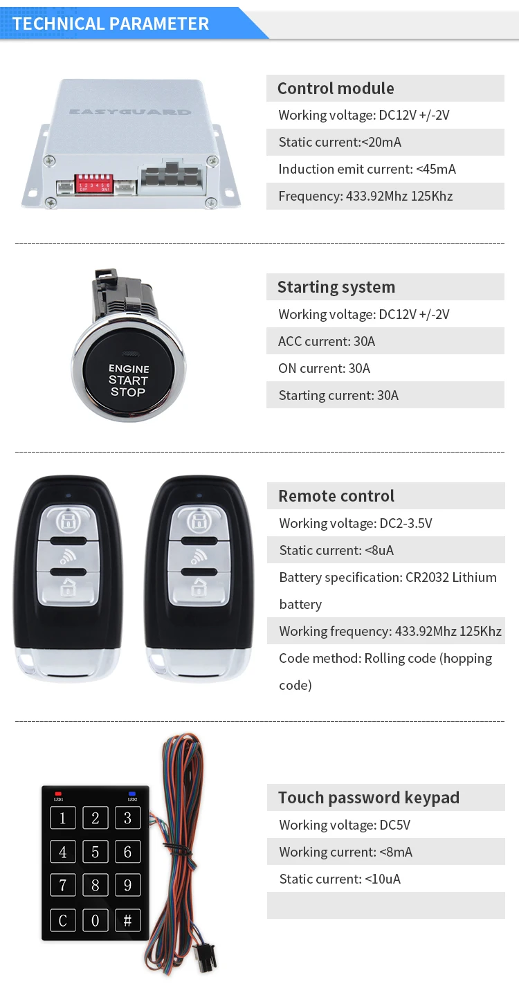 Rolling Code Pke Car Alarm Kit With Remote Engine Start Push Button