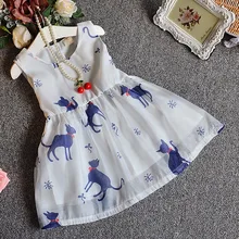 2016 Summer Fancy Fashion Chiffon Baby Girls Dress Cute Cat Print Sleeveless Dress Girls Sundress Children Dress Clothes 2-6T