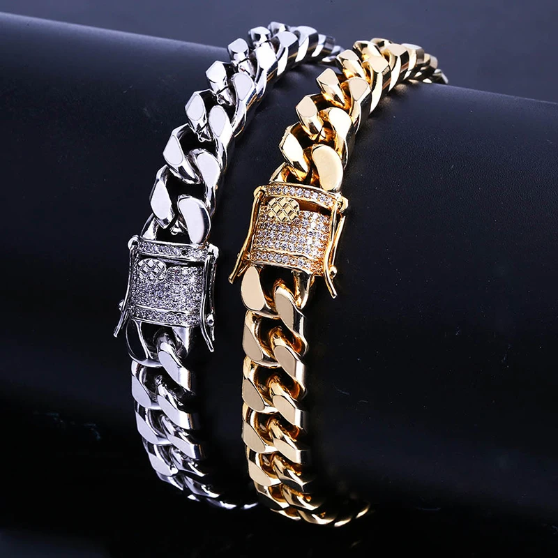 

New Fashion Gold/Silver Micro Pave CZ Men Hip Hop Bracelet 10mm Width Link Miami Cuban Chain Bracelets (KHP032), As picture