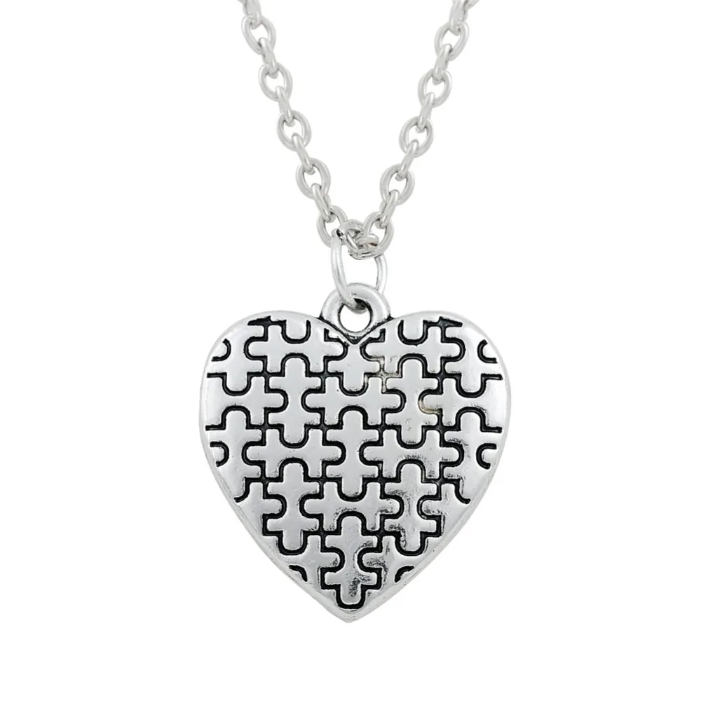 

Metal Zinc Alloy Antique Silver Plated Yiwu Jewelry Factory Costume Puzzle Autism Awareness Heart Shape Pendant Necklace
