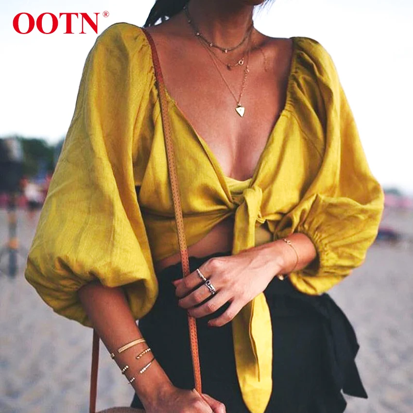 

OOTN Female Tunic Blouse V neck 2019 Yellow Lantern Sleeve Shirts Summer Womens Tops And Blouses Sexy Crop Top Bow Knot Tied