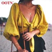 

OOTN Female Tunic Blouse V neck 2020 Yellow Lantern Sleeve Shirts Summer Womens Tops And Blouses Sexy Crop Top Bow Knot Tied