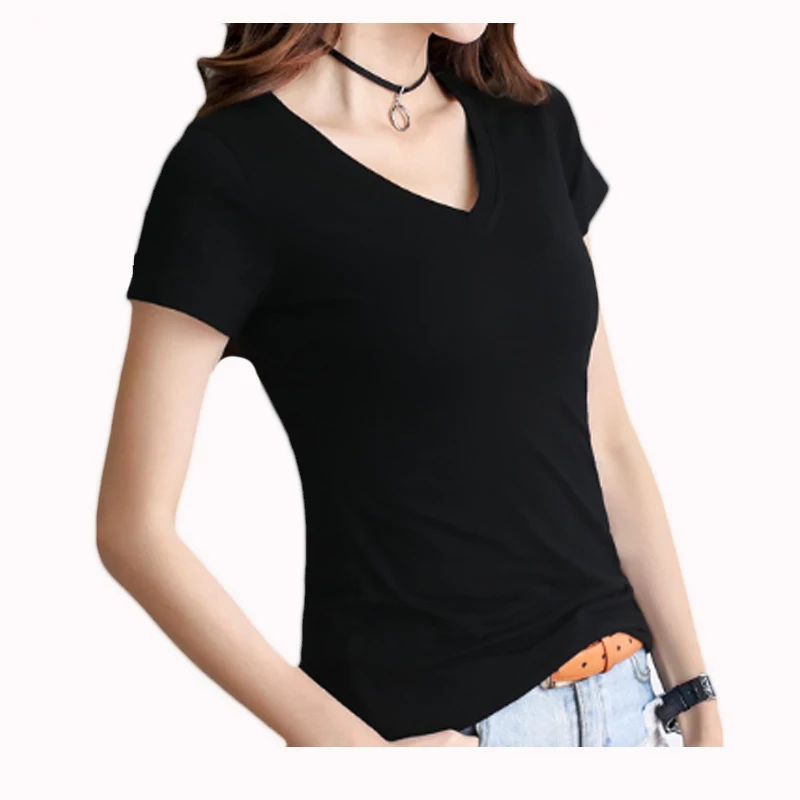 

Women'S Ladies Stretch Athletic Fit Black Fitted Short Sleeve Promotion Cotton V Neck T Shirt, Customized color