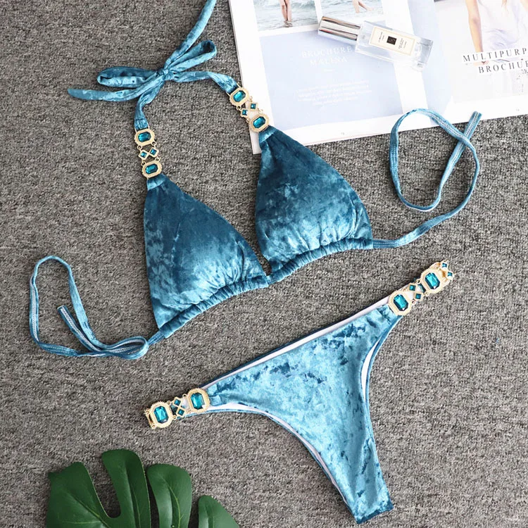 

New Blue Velvet Female Two Piece Sexy Swimwear Swimming Suit Sexy Crystal Diamond Bikini Wholesale Swimsuit 2019 Luxury, Shown