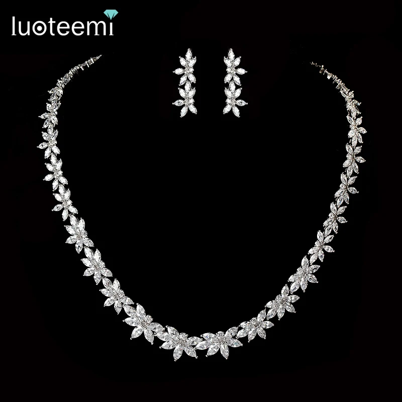 

LUOTEEMI Women Elegant and Luxury White Gold Plated Water Drop Shape Cubic Zircon Earrings Necklace Wedding Bridal Jewelry Set