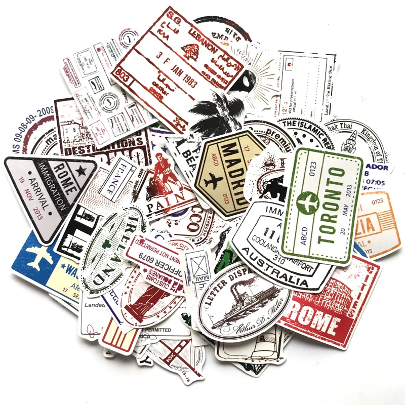 
60 sheets / bag Vintage Stamps Decorative Waterproof Vinyl Stickers Decal for Suitcase Skateboard Travel CASE 