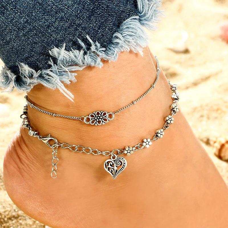 

Bohemia Plum Flower Heart Pendant Anklet Beautiful Multilayer Anklet Set for Women Simple Vintage Beach Jewelry (KAN360), As picture