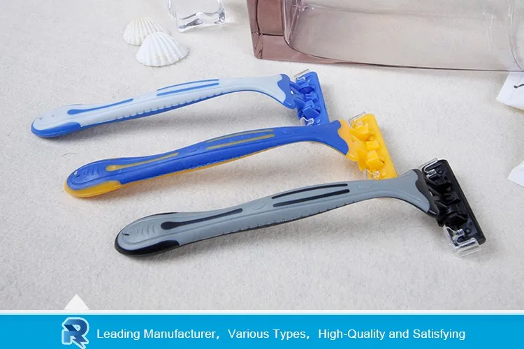 Three Color Pivoting Head Nonslip Handle Triple Blade Mens Razor With Shaving Cream