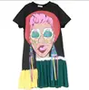 New design geographic print cutting short sleeve loose t-shirt dress for young ladies