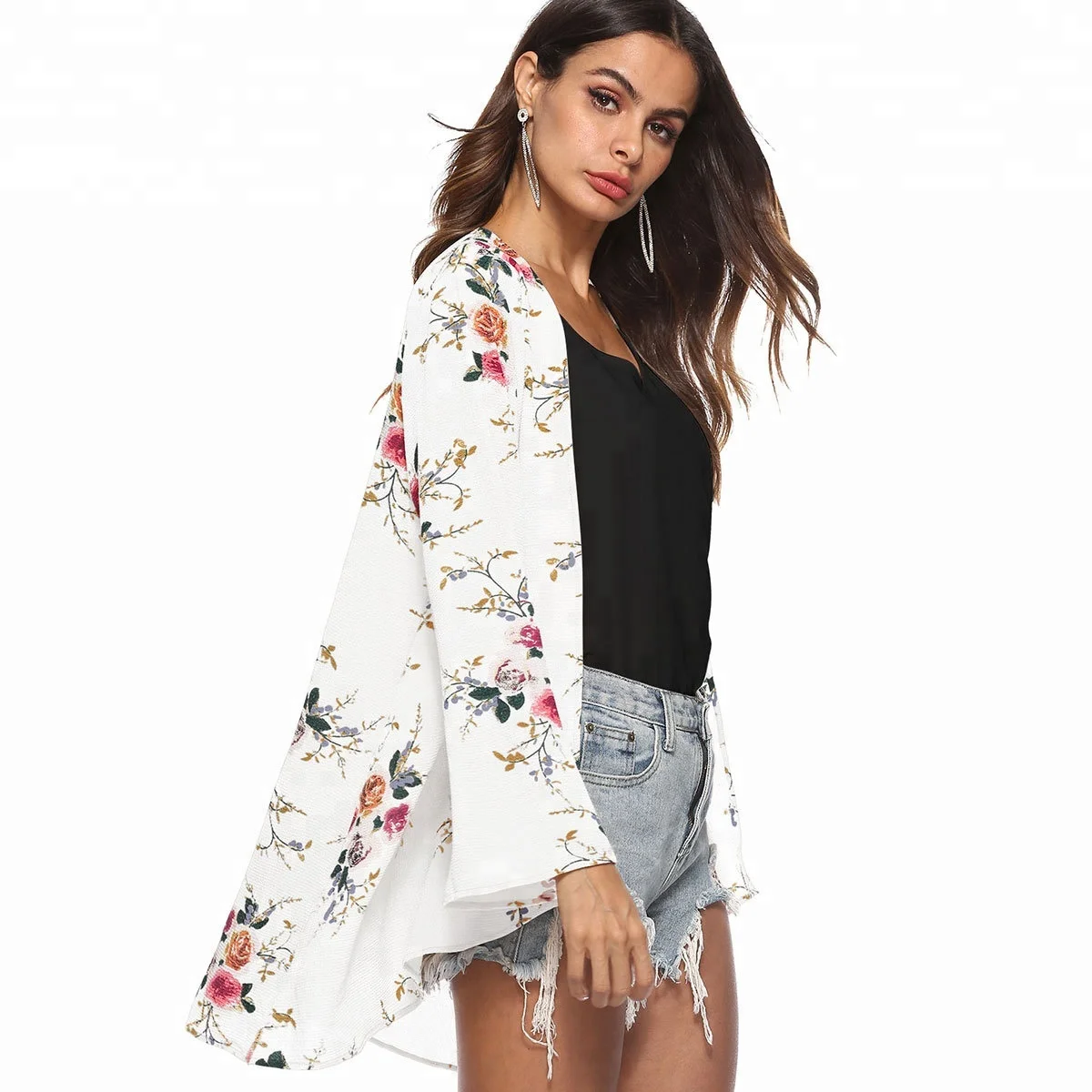 

C53 Floral chiffon cardigans Women Open Stitch Female Shirts Floral Print Blouse Chiffon Printing Asymmetric Beach Boho Blouses, N/a