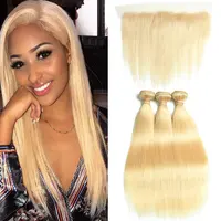 

613 Blonde Bundles Brazilian Virgin Hair Straight Human Hair Weave 3 Bundles With 13*4 Lace Frontal Ear To Ear frontal