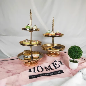Image of Wholesale Wedding Golden Silver Dessert Metal 2, 3 Tier Birthday Decoration Acrylic Mirror Cake Stand