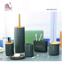 

6pcs Gray Stone Effect Resin Bathroom Complete Accessory Set With Wooden Decoration for Bathroom Decor