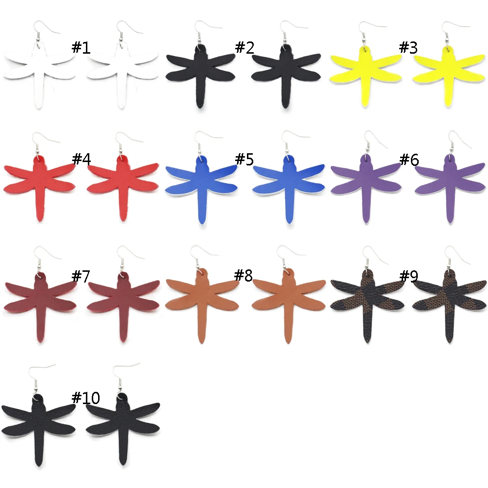 

Fashionable personality real leather dazzle color earrings women creative dragonfly shape leather earrings wholesale