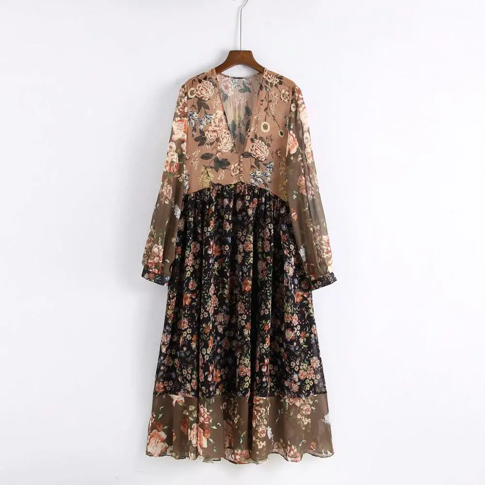 

2019 SS V Neck Floral Print Chiffon Dress for Women, As pictures show