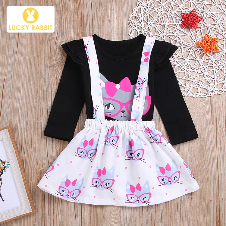 

Hot Sale Black And White Toddler Baby Girl Skirt Frock Design Baby Printed Cat Cartoon Skirt Suspender Skirt Set