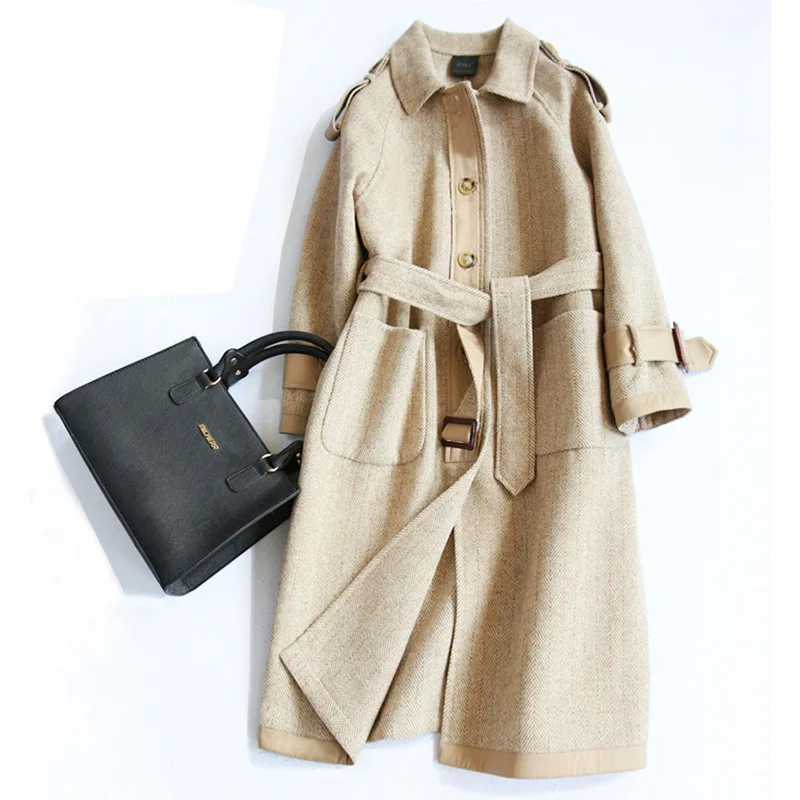 

2018 New trend Europe stylish lamb fur Jacquard lane single-breasted trench jacket ladies double-faced woolen coat women