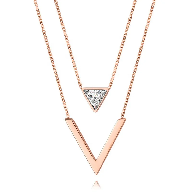 

Fashion Crystal V letter Layered 18k Gold Plated Stainless Steel Jewelry Necklace