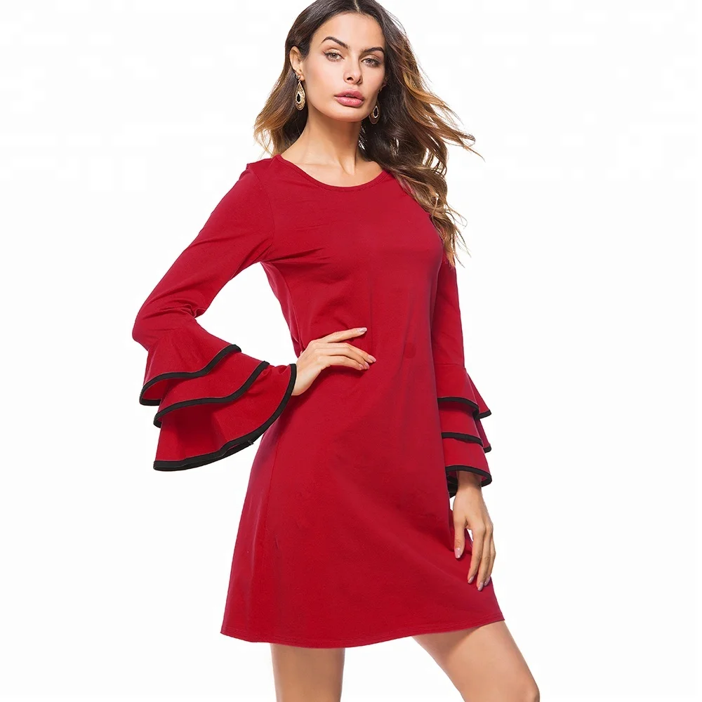 

Women Fashionable Red Casual Trumpet Ruffles Long Sleeve Loose Straight Prom Party Red Dress, Customized