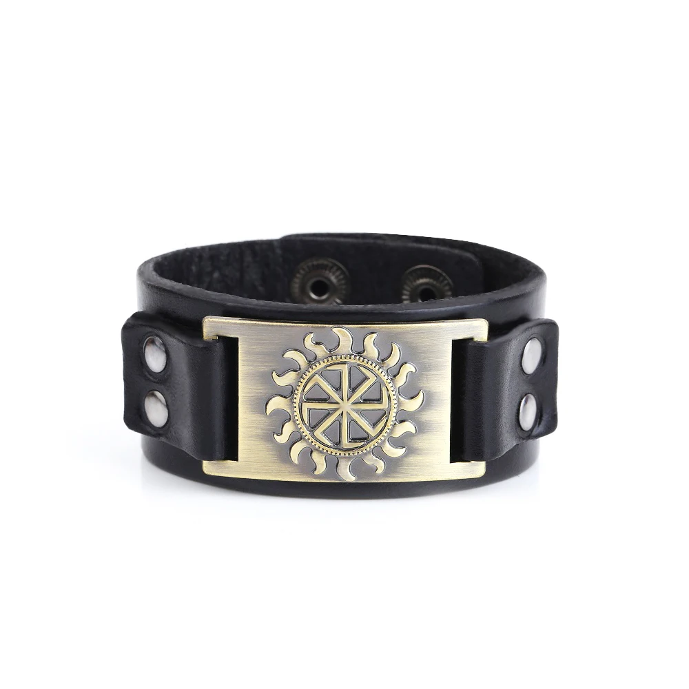 

Solar Symbol Slavic Wheel Nordic Amulet Kolovrat Pagan Badge Charms for Men's Leather Cuff Bracelet Pulseira Masculina