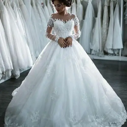 

Elegant Appliqued Beaded plus size Puffy Lace Long tail Princess Long Sleeve Ball Gown Bridal gowns MWA03