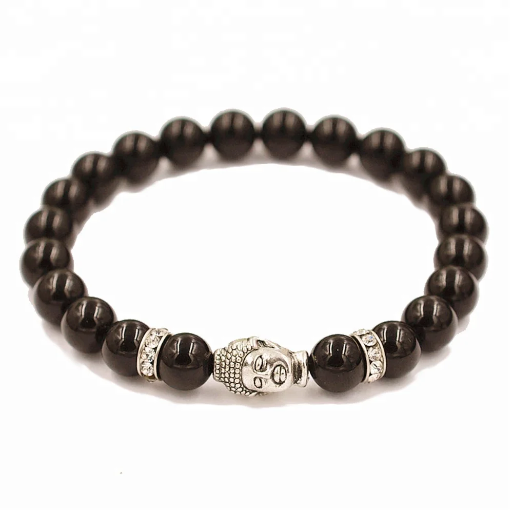 

Natural Stone Buddha Head Bracelet Men's Beaded Stretch Stone Silver Bracelets Charm