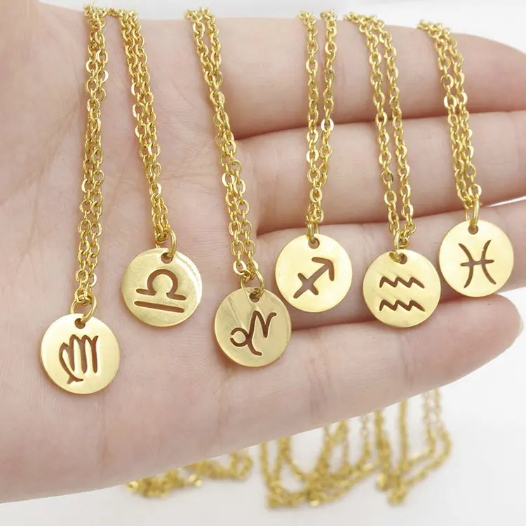 

Wholesale gold pladed jewelry stainless steel circle zodiac necklace, As picture