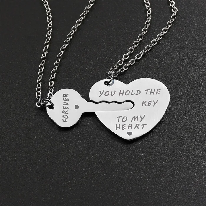 

Stainless steel key heart shape laser engrave silver color meaning eternal love couples pendants necklace jewelry for couples