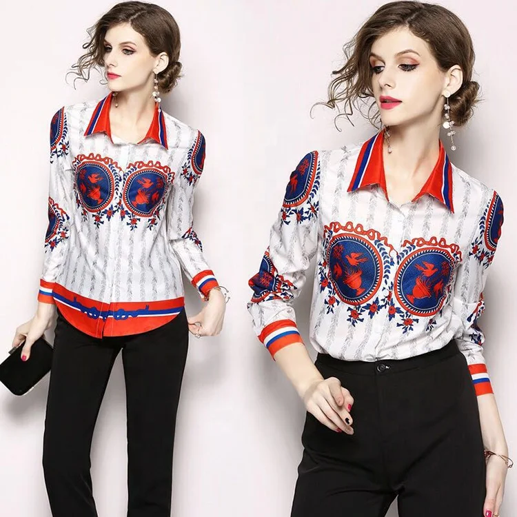 

Ladies Long Sleeves printed chiffon fabric Chiffon Ladies Blouse, Options