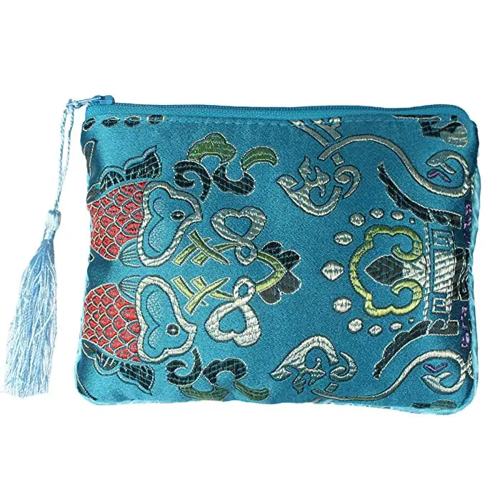 

Chinese brocade silk zipper jewelry packaging pouch with embroidered, Red, black, white, brown, blue etc