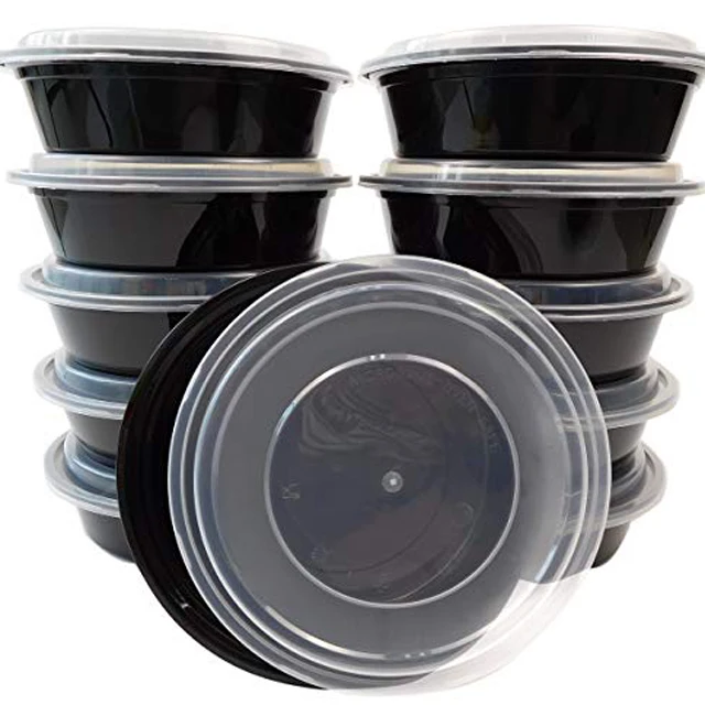 

1250/1500/1750ml 40/50/58oz Black Round Disposable Microwavable PP Plastic Fruit Salad Containers with Clear Lid, Transparent/black