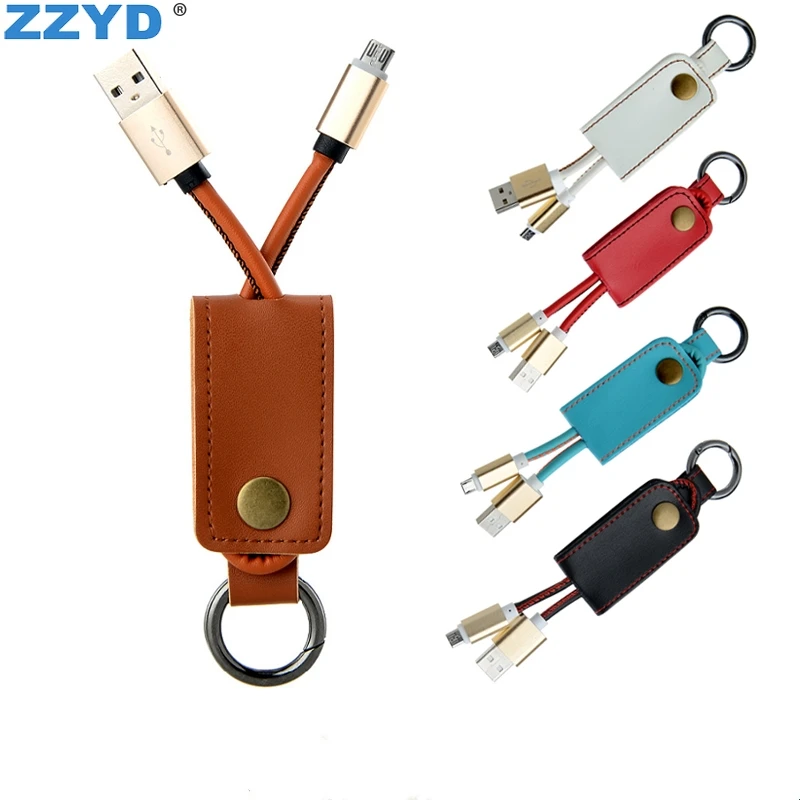 

2019 Leather Micro USB Cable Metal Ring Key Chain Charger Data for Any Smart Phone, Black white blue red brown